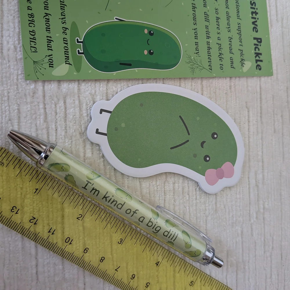Pickle-Themed Pen Sets Qty 6, Bookmark, Pen, And  Stick Note Pad. 6 Designs